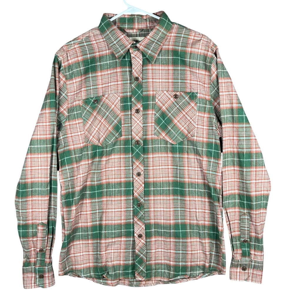 Threads 4 Thought Flannel Shirt Mens M Green Orange Plaid Organic Cotton Button